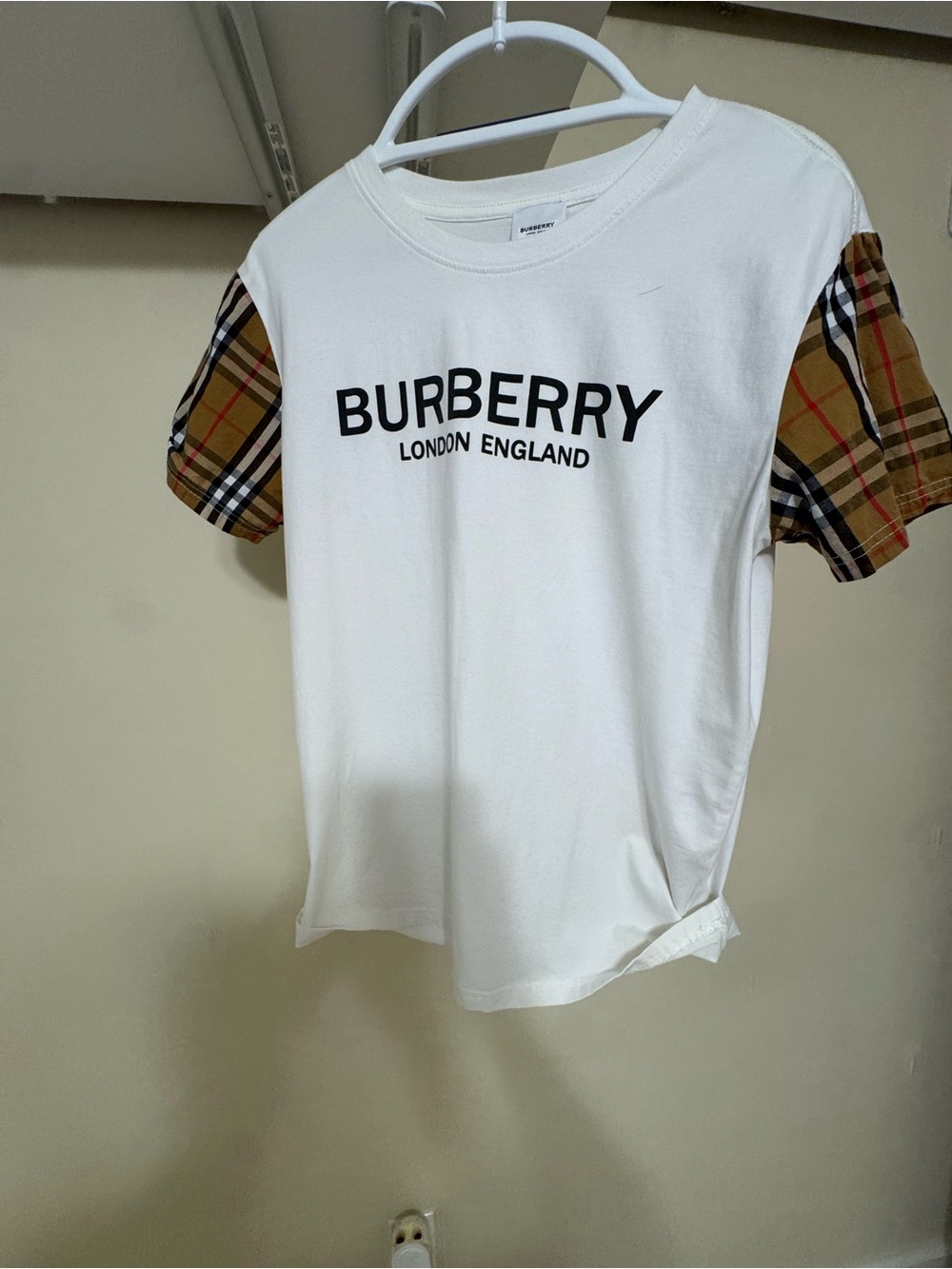 Burberry White Tee with Classic Check Sleeves